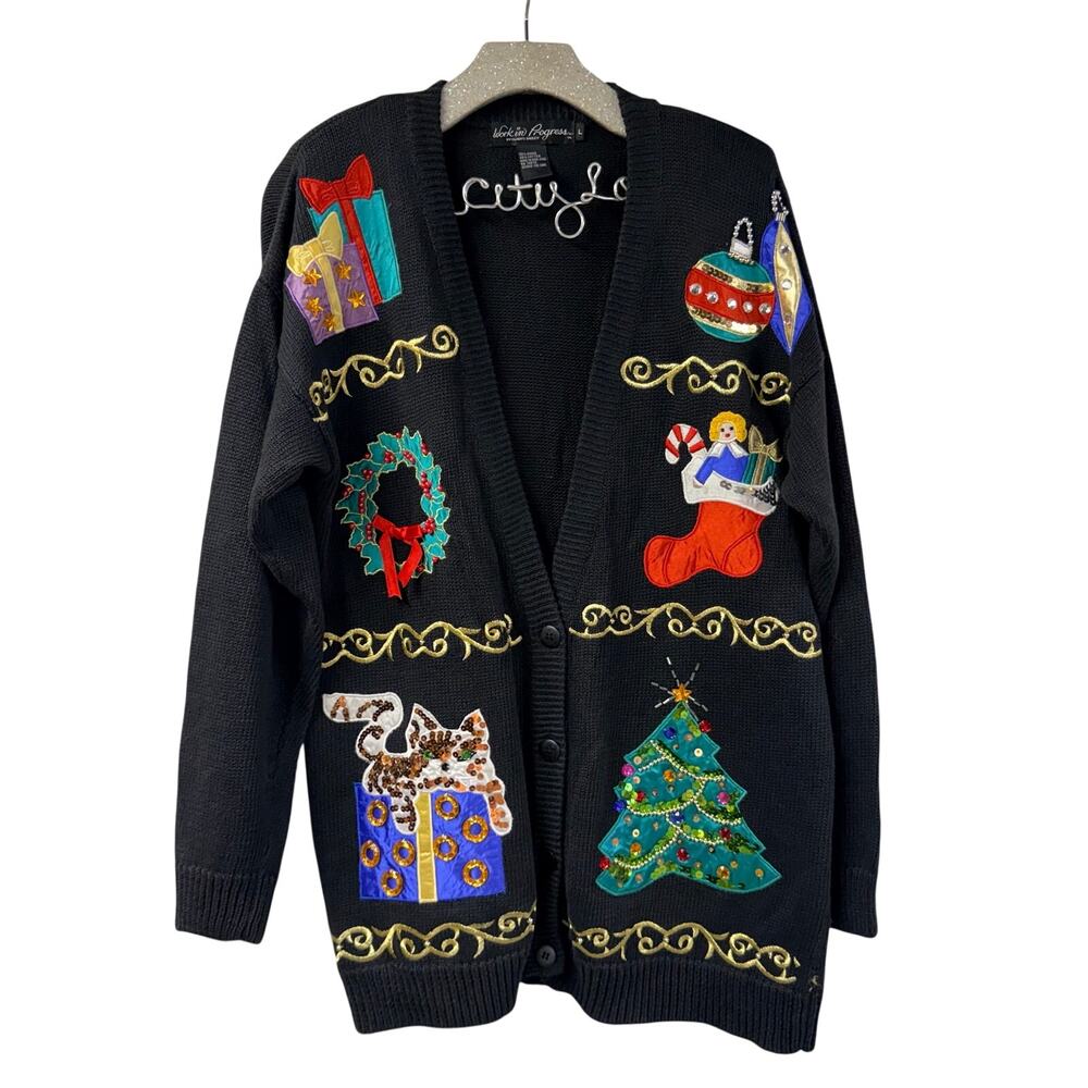Not So Ugly Christmas Sweater Cardigan L Wreath Present Tree Ornament
